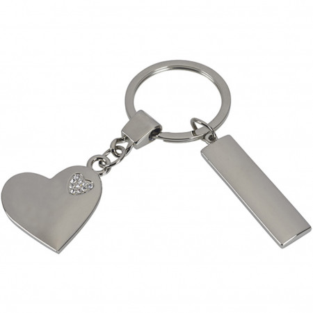 מחזיק מפתחות לב מתכת מבריק עם לב אבני שיבוץ קטן משולב, TZA-4107