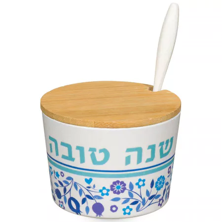 כלי דבש ממותג שנה טובה עם מכסה במבוק עם לוגו — מתנת ראש השנה לעובדים