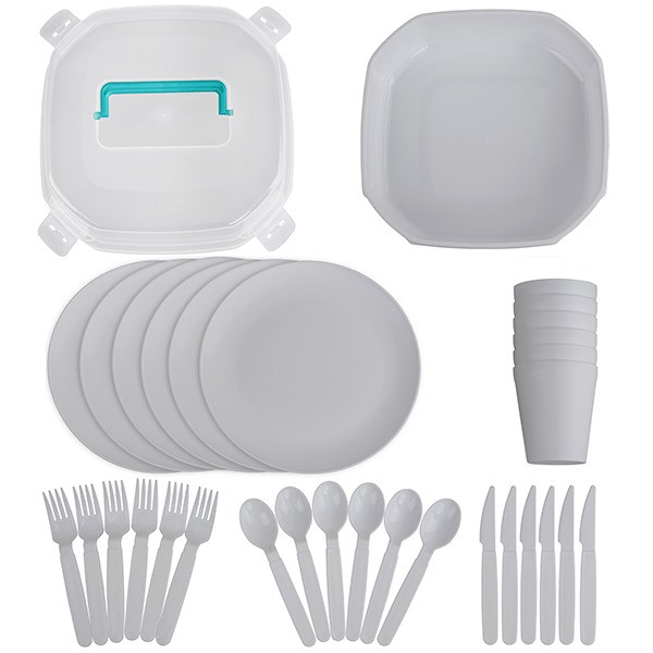 סט כלי אוכל רב פעמי 32 חלקים לקמפינג ופיקניק במארז פלסטיק "דור"