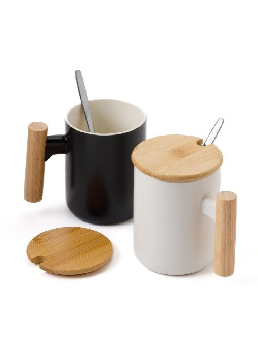 כוס פורצלן עם גימור במבוק,מכסה וכפית נירוסטה 380 מ"ל